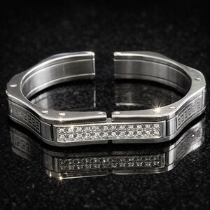 Macys Mens Ladies silver Stainless steel Greek key pave cz cuff bangle bracelet